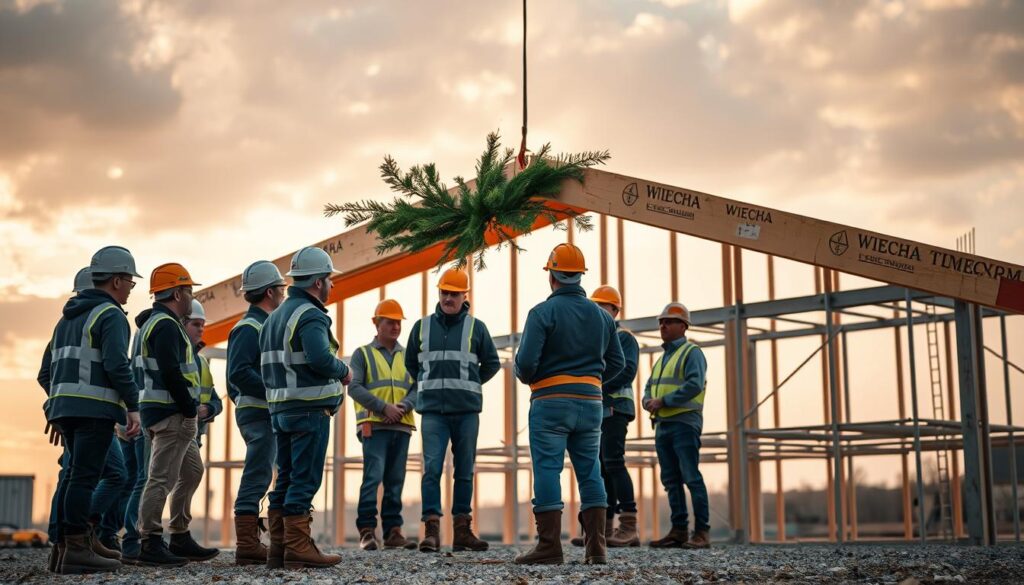 A formal, traditional roofing ceremony taking place at a construction site. In the foreground, a group of workers gather around a newly installed roof beam, adorned with a freshly cut pine branch or "wiecha." The workers wear hardhat safety gear and work boots, conveying a sense of professionalism and tradition. The middle ground shows the partially completed building structure, its frame and scaffolding visible. In the background, the sky is filled with soft, warm lighting, creating a serene, celebratory atmosphere. The overall scene captures the ceremonial nature of the "wiecha" event, a longstanding custom marking the successful completion of a building's structure.