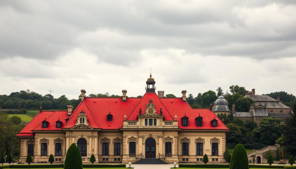 A grand manor house with a striking red tile roof stands in the foreground, its ornate facade adorned with intricate details. In the middle ground, lush greenery and muted earth-toned structures create a harmonious backdrop, while the background is filled with a dreary, overcast sky. The lighting is soft and diffused, casting subtle shadows that accentuate the architectural features. The overall scene conveys a sense of grandeur and elegance, but also a subtle warning - certain color combinations are best avoided to maintain a cohesive and visually appealing aesthetic.