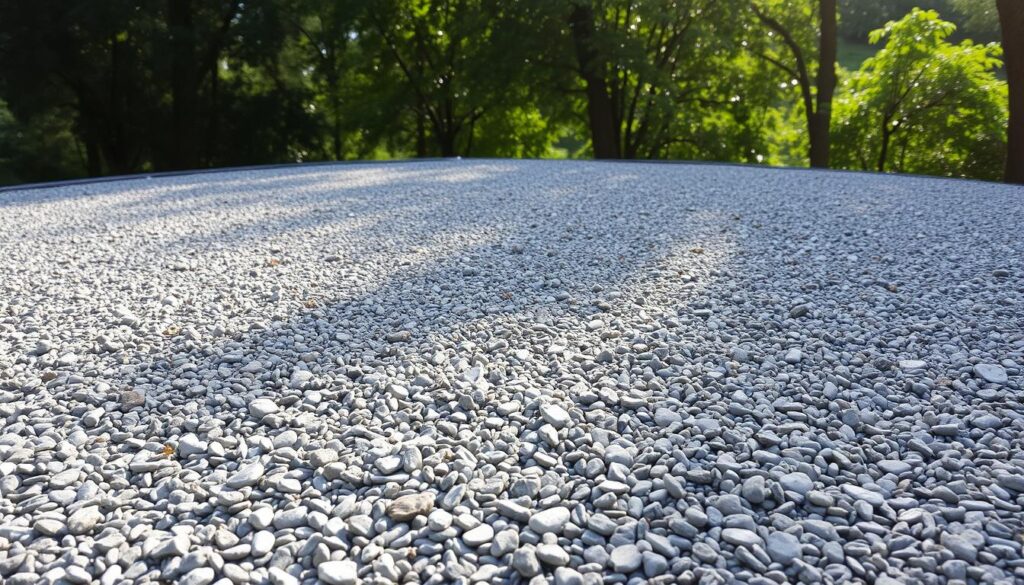 A gravel-covered surface, neatly arranged with a subtle gradient from light to dark pebbles. The ground is level and well-compacted, creating a stable foundation for a structure. Sunlight filters through leafy trees, casting a warm, natural glow across the scene. The texture of the gravel is visually appealing, with each stone distinct yet harmoniously blended. The overall atmosphere conveys a sense of readiness, inviting the construction of a practical and durable structure atop this meticulously prepared podłoże.