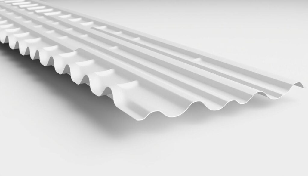 A high-quality, cross-sectional view of a trapezoidal metal roofing sheet, showcasing its thickness and construction. The image should be rendered with a crisp, technical aesthetic, using soft, directional lighting to highlight the sheet's profile and material details. The background should be a clean, neutral color, allowing the roofing sheet to be the central focus. The camera angle should be slightly elevated, providing a clear view of the sheet's thickness, ridges, and the way it would be integrated into a roof structure. The overall mood should be informative and educational, conveying the technical specifications of the roofing material in a visually compelling manner.
