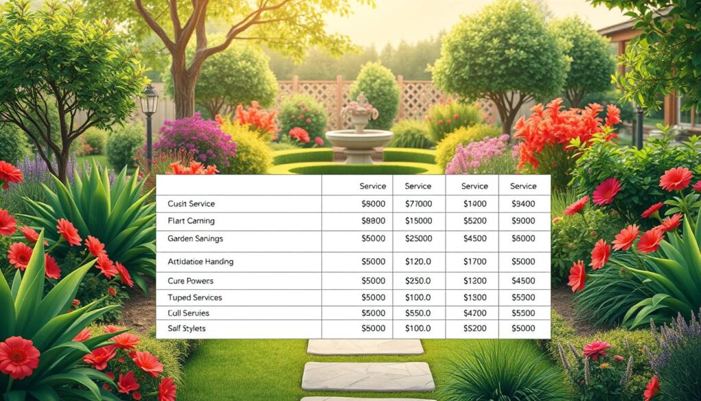 A high-resolution, detailed illustration showcasing a carefully curated garden services price list. The foreground features a crisp, minimalist table displaying various service offerings with corresponding cost estimates, presented in a clean, professional layout. The middle ground depicts a lush, well-manicured garden with vibrant flora, creating a serene and inviting atmosphere. The background subtly blends natural elements such as stone pathways, ornamental trees, and a soft, warm lighting that enhances the overall aesthetic. The overall mood is one of practical information seamlessly integrated into a visually appealing, harmonious composition. A high-resolution, detailed illustration showcasing a carefully curated garden services price list. The foreground features a crisp, minimalist table displaying various service offerings with corresponding cost estimates, presented in a clean, professional layout. The middle ground depicts a lush, well-manicured garden with vibrant flora, creating a serene and inviting atmosphere. The background subtly blends natural elements such as stone pathways, ornamental trees, and a soft, warm lighting that enhances the overall aesthetic. The overall mood is one of practical information seamlessly integrated into a visually appealing, harmonious composition.
