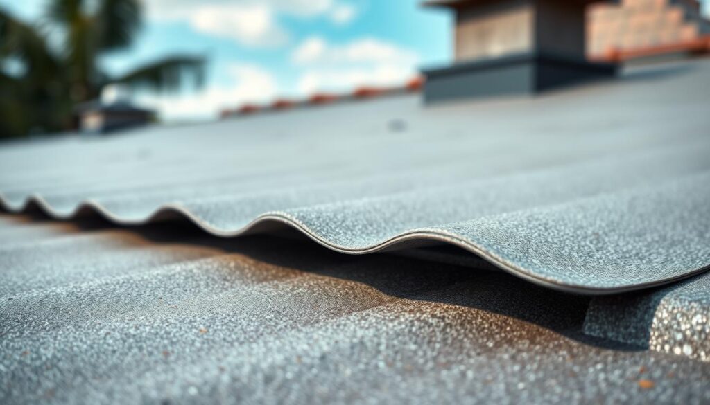 A high-resolution, detailed image of a roofing membrane (also known as "papa") with a focus on its key properties: durability, flexibility, and weather resistance. The image should showcase the material's texture, color, and construction, highlighting its ability to withstand the elements and protect the building. The composition should feature the membrane in the foreground, with a subtle, blurred background suggesting its application on a rooftop. The lighting should be natural and even, emphasizing the material's qualities. The angle should be slightly elevated, providing a clear view of the surface details. The overall mood should convey a sense of reliability and long-lasting performance.