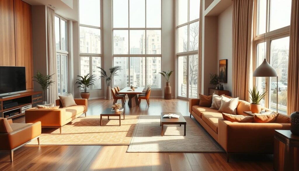 A large, inviting living room seamlessly transitioning into a cozy dining area. Flooded with natural light from tall windows, the space exudes a warm, welcoming atmosphere. Elegant, mid-century modern furniture in earthy tones creates a cohesive, visually striking design. Soft, ambient lighting from discreet fixtures casts a gentle glow, complementing the room's relaxed, sophisticated ambiance. Carefully curated decor elements, such as plants and artwork, add depth and personality, effortlessly bridging the two functional zones. The overall layout emphasizes a harmonious flow, allowing the living and dining areas to merge gracefully, yet maintaining a distinct sense of purpose and visual separation.