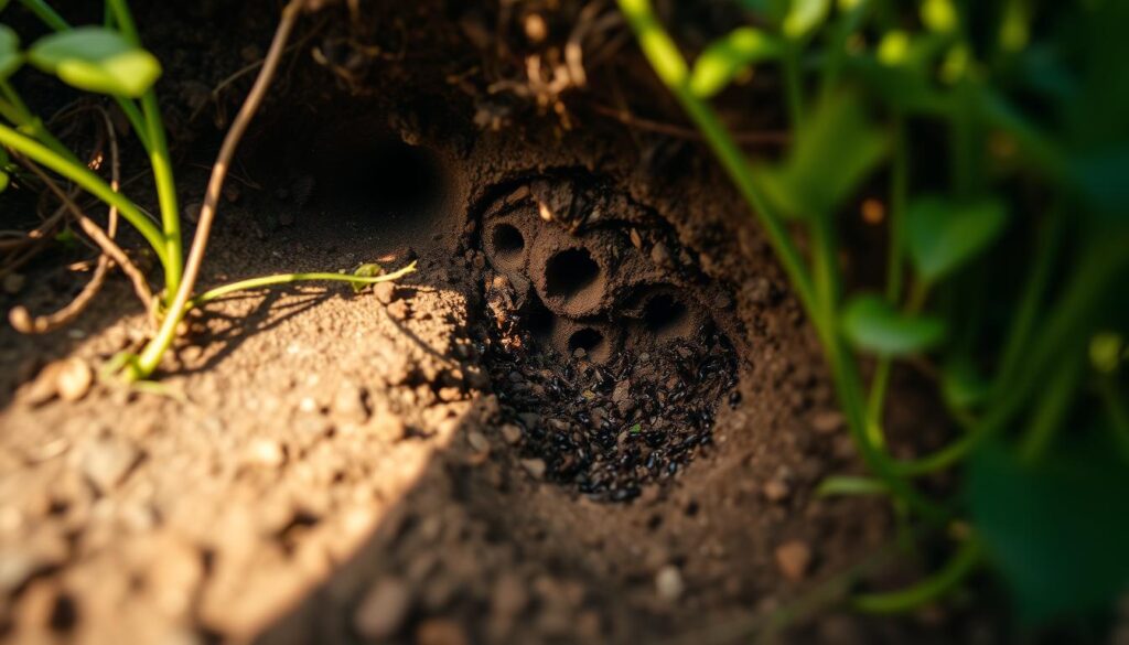 A low-angle, close-up shot of an active ant nest, with its intricate tunnels and chambers exposed, surrounded by lush, verdant vegetation. The nest is nestled in the earth, with a clear path leading to the entrance. The lighting is soft and natural, casting warm shadows that accentuate the textures and details of the nest. The composition emphasizes the complexity and industriousness of the ant colony, inviting the viewer to observe and appreciate the inner workings of this small, yet fascinating ecosystem. A low-angle, close-up shot of an active ant nest, with its intricate tunnels and chambers exposed, surrounded by lush, verdant vegetation. The nest is nestled in the earth, with a clear path leading to the entrance. The lighting is soft and natural, casting warm shadows that accentuate the textures and details of the nest. The composition emphasizes the complexity and industriousness of the ant colony, inviting the viewer to observe and appreciate the inner workings of this small, yet fascinating ecosystem.