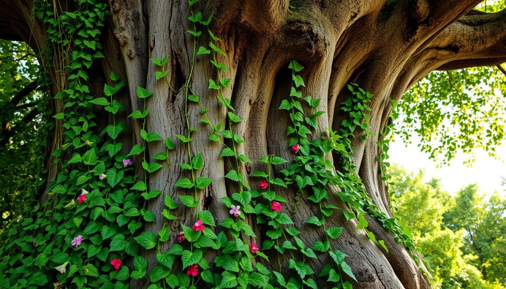 A lush and vibrant scene of climbing vines and cascading foliage enveloping the weathered trunk of a majestic tree. Verdant tendrils twist and wind their way up the rough bark, creating a captivating natural tapestry. Delicate leaves and flowers in a symphony of greens, reds, and purples spill out from the base, framing the sturdy, gnarled core. Dappled sunlight filters through the canopy above, casting a warm, golden glow over the entire composition. The scene evokes a sense of organic growth, harmony, and the beauty of nature reclaiming its domain. A tranquil, enchanting landscape that would perfectly complement the article's "Pnącza i kompozycje roślinne wokół pnia" section.
