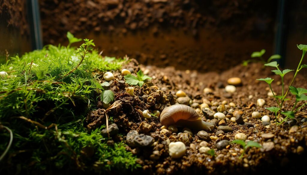 A lush, damp terrarium substrate composed of natural materials, creating a serene and nurturing environment for an African land snail. The foreground features a blend of sphagnum moss, coconut fiber, and a sprinkling of small river stones, providing both moisture retention and traction. The middle ground incorporates a subtle gradient of soil, gradually transitioning to a deeper, richer humus layer in the background, mimicking the depth and complexity of a thriving snail habitat. Soft, diffused lighting from above casts a warm, inviting glow, highlighting the textures and creating a sense of depth and atmosphere. The overall scene conveys a balanced, harmonious ecosystem, ready to provide a safe and comfortable home for the African land snail. A lush, damp terrarium substrate composed of natural materials, creating a serene and nurturing environment for an African land snail. The foreground features a blend of sphagnum moss, coconut fiber, and a sprinkling of small river stones, providing both moisture retention and traction. The middle ground incorporates a subtle gradient of soil, gradually transitioning to a deeper, richer humus layer in the background, mimicking the depth and complexity of a thriving snail habitat. Soft, diffused lighting from above casts a warm, inviting glow, highlighting the textures and creating a sense of depth and atmosphere. The overall scene conveys a balanced, harmonious ecosystem, ready to provide a safe and comfortable home for the African land snail.