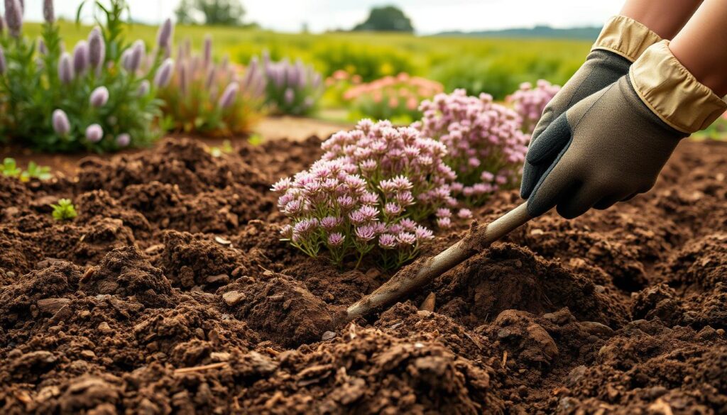 A lush, earthy garden scene with a focus on the preparation of soil for thriving heather plants. In the foreground, a gardener's gloved hands are carefully tilling the soil, breaking up clumps and incorporating organic matter to create the ideal acidic, well-draining environment. The middle ground showcases a variety of heather plants in bloom, their delicate purple and pink hues contrasting beautifully against the rich, dark soil. In the background, a verdant, mature heather garden stretches out, framed by a gently overcast sky. Warm, diffused lighting casts a natural, inviting glow over the scene, highlighting the textures of the soil and the soft, wispy foliage of the heather plants.