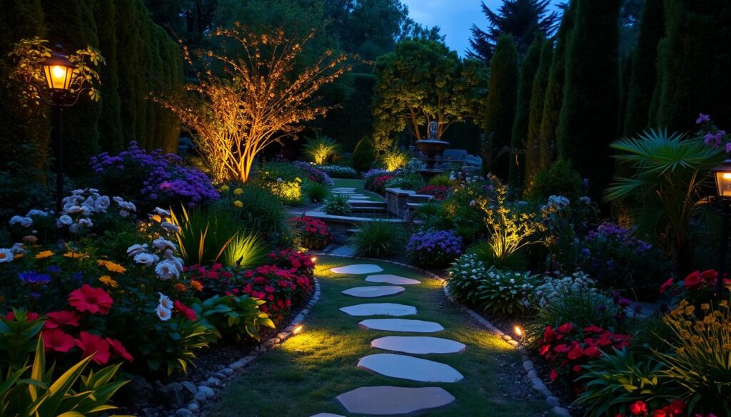 A lush, enchanting garden with a warm, inviting atmosphere. In the foreground, a path of stepping stones leads through a variety of vibrant flowers and greenery. Strategically placed landscape lighting illuminates the scene, casting a soft, ambient glow that highlights the intricate textures and rich colors of the plants. In the middle ground, a charming water feature, such as a small pond or fountain, reflects the light and adds a soothing, calming ambiance. In the background, tall, manicured hedges and trees frame the space, creating a sense of privacy and tranquility. The overall composition evokes a harmonious, serene outdoor oasis perfect for relaxation and entertaining.