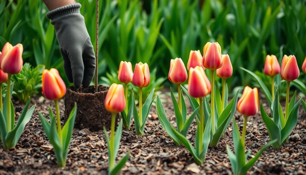 A lush garden bed with vibrant tulips in the foreground, their stems gently emerging from the rich, loamy soil. The tulips stand tall, their petals catching the soft, diffused light filtering through wispy clouds. In the middle ground, a gardener's gloved hand carefully measures the depth of the planting hole, ensuring the bulbs are nestled at the optimal depth for healthy growth. The background features a verdant backdrop of verdant foliage, creating a serene, natural setting. The overall composition conveys a sense of tranquility and the joy of cultivating a thriving tulip garden.