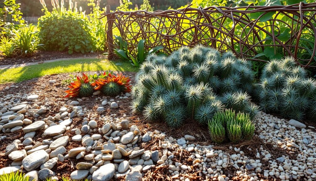 A lush garden landscape, bathed in warm, natural lighting. In the foreground, an array of natural barriers designed to deter slugs and snails - a mosaic of sharp-edged stones, prickly pine needles, and a perimeter of crushed eggshells. The middle ground features a variety of drought-resistant plants with fuzzy, textured leaves, creating an unwelcoming environment for the pests. In the background, a low, ornamental fence made of intertwined twigs and branches adds an organic, earthy element to the scene. The overall atmosphere conveys a sense of harmony between the gardener's efforts and the natural world, promoting an eco-friendly approach to pest control. A lush garden landscape, bathed in warm, natural lighting. In the foreground, an array of natural barriers designed to deter slugs and snails - a mosaic of sharp-edged stones, prickly pine needles, and a perimeter of crushed eggshells. The middle ground features a variety of drought-resistant plants with fuzzy, textured leaves, creating an unwelcoming environment for the pests. In the background, a low, ornamental fence made of intertwined twigs and branches adds an organic, earthy element to the scene. The overall atmosphere conveys a sense of harmony between the gardener's efforts and the natural world, promoting an eco-friendly approach to pest control.