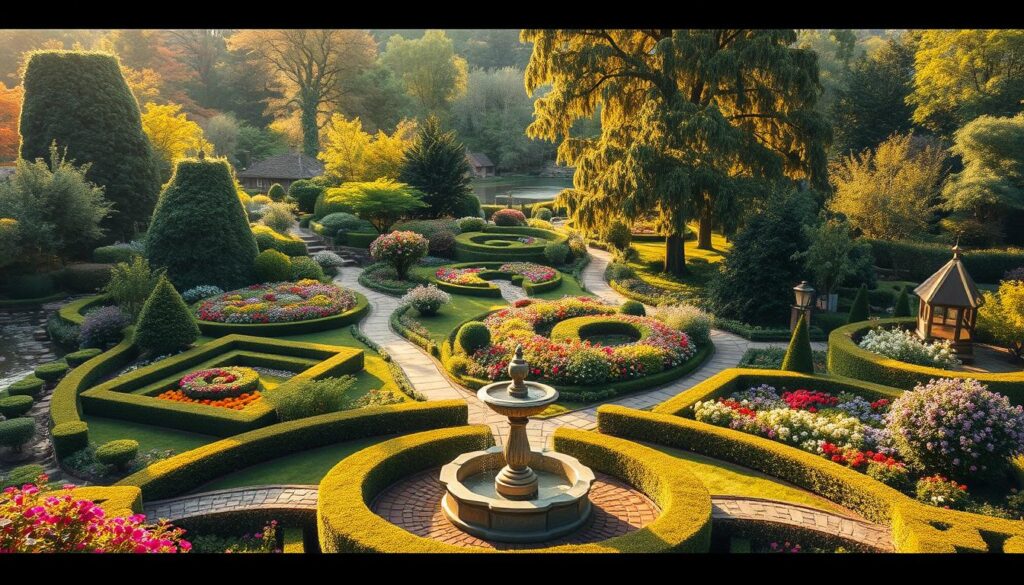 A lush garden landscape showcasing diverse garden project designs. In the foreground, intricate formal gardens with neatly trimmed hedges, symmetrical flower beds, and a central fountain. In the middle ground, a whimsical cottage garden overflowing with colorful blooms and winding paths. In the background, a more naturalistic woodland garden with towering trees, flowing streams, and a tranquil pond. The scene is bathed in warm, golden afternoon light, captured with a wide-angle lens to emphasize the depth and grandeur of the various garden styles. The mood is one of harmony, creativity, and the boundless possibilities of landscape design. A lush garden landscape showcasing diverse garden project designs. In the foreground, intricate formal gardens with neatly trimmed hedges, symmetrical flower beds, and a central fountain. In the middle ground, a whimsical cottage garden overflowing with colorful blooms and winding paths. In the background, a more naturalistic woodland garden with towering trees, flowing streams, and a tranquil pond. The scene is bathed in warm, golden afternoon light, captured with a wide-angle lens to emphasize the depth and grandeur of the various garden styles. The mood is one of harmony, creativity, and the boundless possibilities of landscape design.