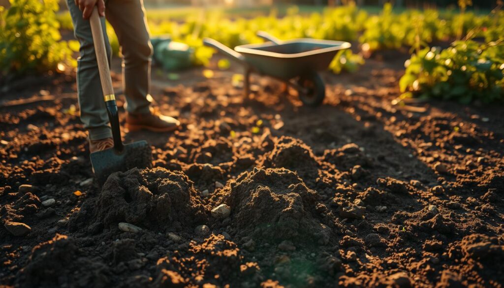 A lush garden landscape, with a worker using a shovel to carefully turn over the soil in the foreground. The earth is rich and dark, with small rocks and roots visible. In the middle ground, a wheelbarrow filled with soil waits to be spread. The background features a well-tended vegetable patch or flower beds, hinting at the future transformation of this space. The scene is bathed in warm, golden sunlight, casting long shadows and creating a sense of tranquility and productivity. The overall atmosphere conveys the importance of proper ground preparation for a successful garden.