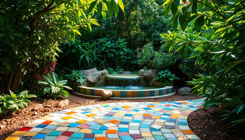 A lush garden oasis, where discarded ceramic tiles find new life as decorative accents. In the foreground, a mosaic of vibrant tiles artfully arranged to form a whimsical pathway, inviting visitors to explore. The middle ground showcases a cascading water feature, its soothing sounds complemented by the iridescent hues of the tiles lining its edges. In the background, an abundance of verdant foliage frames the scene, creating a serene and tranquil atmosphere. Warm, natural lighting filters through the leaves, casting a soft glow and highlighting the unique textures and patterns of the repurposed tiles. The overall composition exudes a sense of harmony and creative repurposing, showcasing how discarded materials can be transformed into captivating garden decor. A lush garden oasis, where discarded ceramic tiles find new life as decorative accents. In the foreground, a mosaic of vibrant tiles artfully arranged to form a whimsical pathway, inviting visitors to explore. The middle ground showcases a cascading water feature, its soothing sounds complemented by the iridescent hues of the tiles lining its edges. In the background, an abundance of verdant foliage frames the scene, creating a serene and tranquil atmosphere. Warm, natural lighting filters through the leaves, casting a soft glow and highlighting the unique textures and patterns of the repurposed tiles. The overall composition exudes a sense of harmony and creative repurposing, showcasing how discarded materials can be transformed into captivating garden decor.
