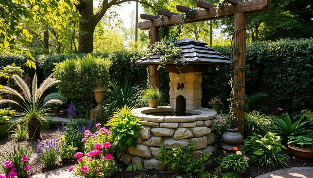 A lush garden oasis with a traditional stone well at its center, surrounded by a whimsical arrangement of decorative plants, cascading vines, and a charming pergola structure. Dappled sunlight filters through the verdant foliage, casting warm shadows and creating a serene, inviting atmosphere. In the foreground, vibrant flowers and ornamental grasses spill over the well's stonework, softening its edges and blending it seamlessly into the natural landscape. Strategically placed potted plants, trailing ivy, and delicate trellises lend an air of enchantment, masking the well's utilitarian purpose and transforming it into a captivating focal point. The overall composition evokes a sense of tranquility and rustic elegance, perfectly suited for the article's section on aesthetic well concealment in the garden.