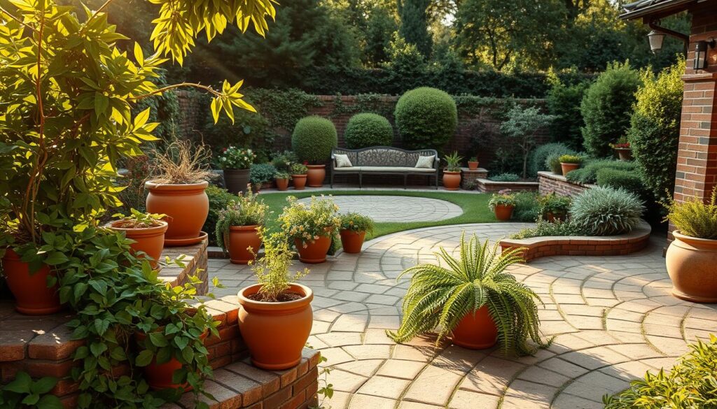 A lush garden oasis, with an elegant arrangement of rustic bricks and terracotta pots scattered throughout. The sunlight filters through the verdant foliage, casting a warm, golden glow that accentuates the natural textures and earthy tones. In the foreground, a tasteful display of potted plants and trailing vines cascades over the weathered bricks, creating a charming, inviting atmosphere. The middle ground features a harmonious blend of geometric brick patterns and curved garden paths, leading the eye towards a tranquil seating area in the distance. The background showcases a backdrop of flourishing trees and shrubs, framing the scene with a sense of peaceful seclusion. The overall composition exudes a serene, rustic elegance, inspiring ideas for incorporating bricks and natural elements into a beautifully curated outdoor living space.