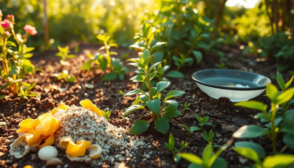 A lush garden scene, bathed in warm afternoon sunlight, showcases a variety of natural pest control methods against ants. In the foreground, a cluster of citrus peels, coffee grounds, and diatomaceous earth create a natural barrier around a small plant. In the middle ground, a few strategically placed mint or lemongrass plants deter the ants with their strong scents. Further back, a shallow dish filled with soapy water traps any wandering ants. The overall composition conveys a sense of balance and harmony, where nature-based solutions coexist peacefully to keep the garden thriving and ant-free. A lush garden scene, bathed in warm afternoon sunlight, showcases a variety of natural pest control methods against ants. In the foreground, a cluster of citrus peels, coffee grounds, and diatomaceous earth create a natural barrier around a small plant. In the middle ground, a few strategically placed mint or lemongrass plants deter the ants with their strong scents. Further back, a shallow dish filled with soapy water traps any wandering ants. The overall composition conveys a sense of balance and harmony, where nature-based solutions coexist peacefully to keep the garden thriving and ant-free.
