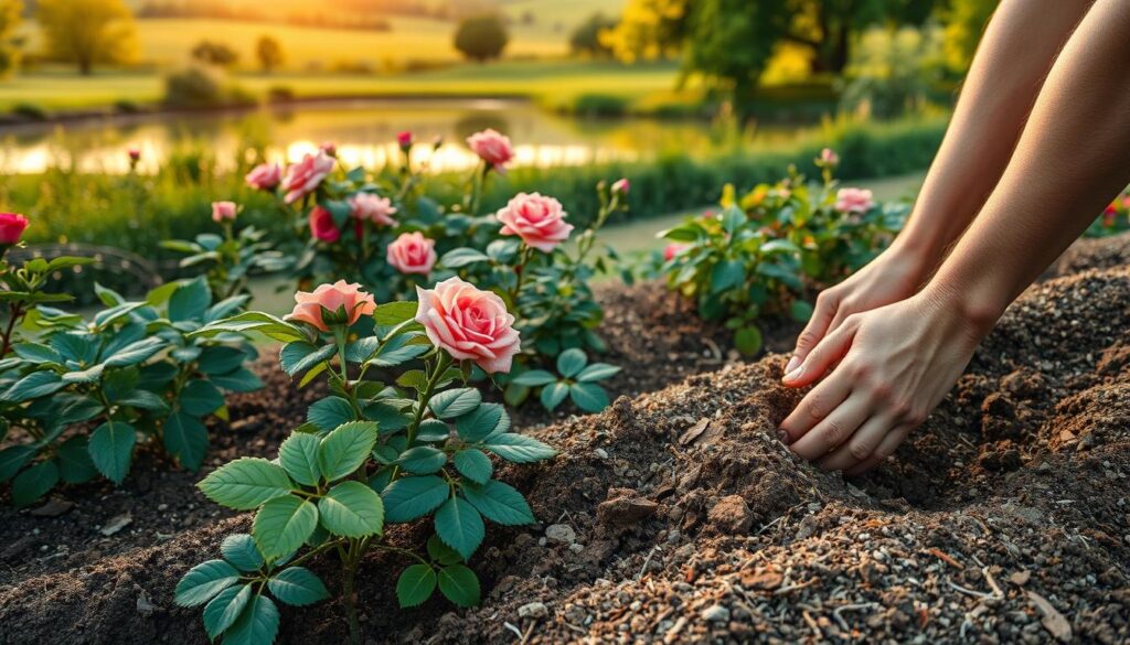 A lush garden scene depicting the process of soil improvement for rose cultivation. In the foreground, a gardener's hands gently tilling the earth, integrating organic amendments to enrich the soil. The middle ground showcases vibrant rose bushes, their leaves a deep, healthy green, as they draw nourishment from the revitalized soil. In the background, a picturesque landscape with a serene pond reflects the verdant surroundings, bathed in warm, golden light that creates a tranquil atmosphere. The composition emphasizes the importance of soil preparation for the optimal growth and flourishing of rose plants.