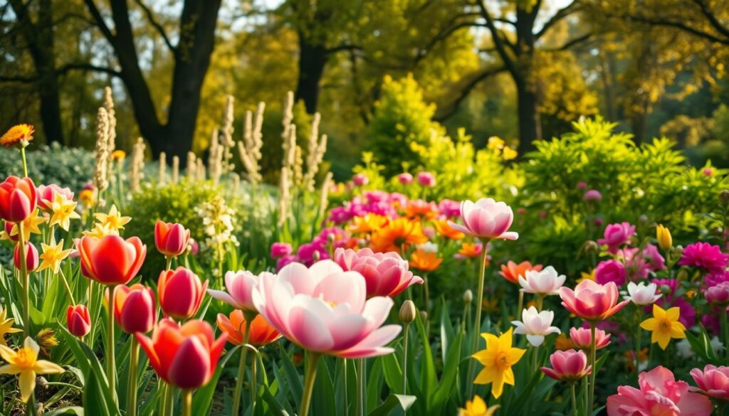 A lush garden scene in soft, natural lighting showcasing various popular plants commonly found in Polish gardens. The foreground features vibrant flowers like tulips, daffodils, and peonies in full bloom, their petals gently swaying. In the middle ground, healthy shrubs and bushes, such as rhododendrons and azaleas, stand tall and verdant. The background depicts a tranquil backdrop of towering trees, their branches filtering the sunlight and casting a warm, golden glow over the entire composition. The scene conveys a sense of seasonal transition, with the plants at the peak of their growth, ready to be transplanted or divided for the best results.