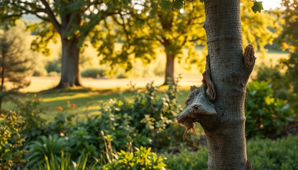 A lush garden scene, with a focus on a young, damaged tree in the foreground. The tree's bark is partially gnawed, its leaves tattered, a clear sign of a deer or rabbit attack. In the middle ground, various shrubs and plants stand, some also bearing the scars of the hungry herbivores. The background features a verdant landscape, with towering trees casting soft, dappled shadows across the scene. Warm, golden sunlight filters through the foliage, creating a serene and hopeful atmosphere. The overall composition suggests a need for restorative action, a desire to heal the wounded plants and protect them from further harm.