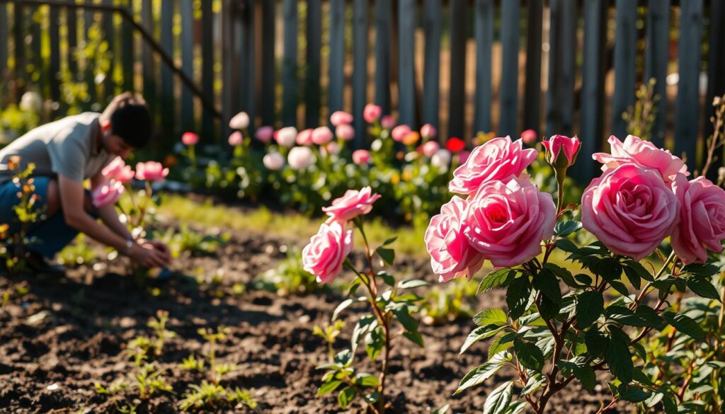 A lush garden setting in the soft light of a spring afternoon. In the foreground, a gardener tenderly plants a row of delicate rose bushes, their vibrant hues and velvety petals captivating the eye. The middle ground features a well-tended flowerbed, bursting with the promise of blooms to come. In the background, a weathered wooden fence frames the scene, casting gentle shadows across the tranquil landscape. The overall atmosphere is one of serene productivity, inviting the viewer to imagine the joys of nurturing these beautiful flowers throughout the seasons.