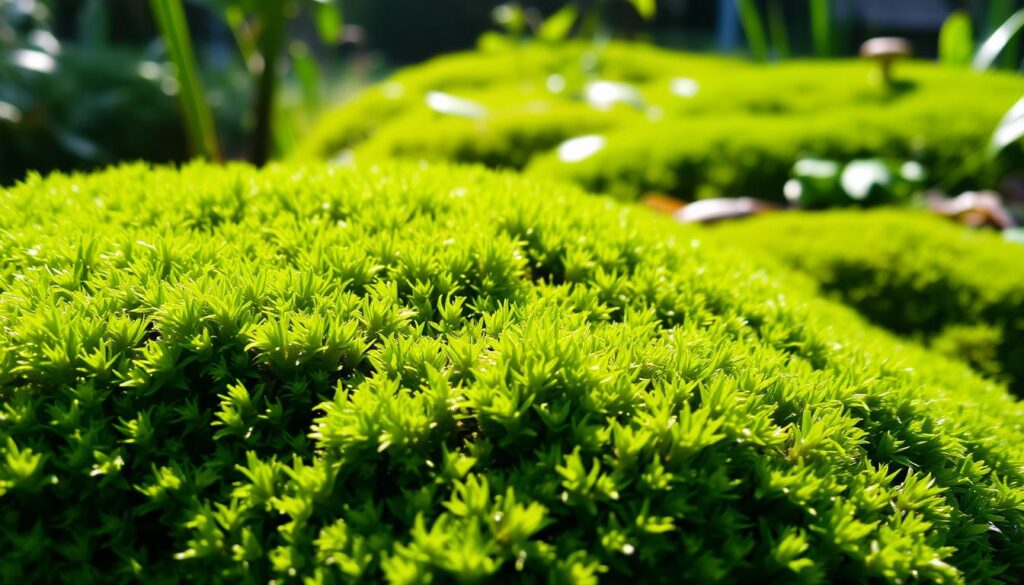 A lush garden setting with a close-up view of an abundant moss patch, its vibrant green hues and soft, velvety texture inviting the viewer to reach out and touch. The moss is illuminated by natural, diffused lighting, casting gentle shadows that accentuate its intricate structure. The background is slightly blurred, hinting at a verdant, well-tended garden surrounding the focal point. The overall composition conveys a sense of tranquility and the desire to incorporate this captivating natural element into one's own outdoor space.