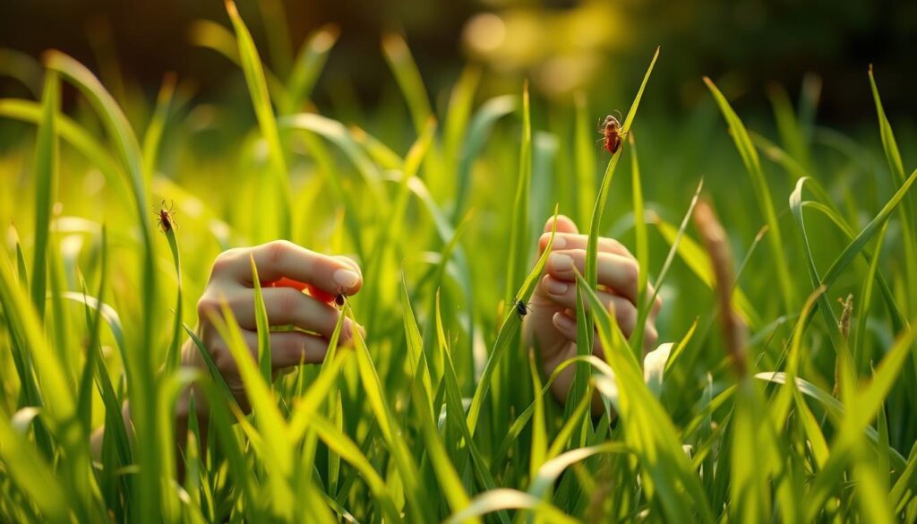 A lush green lawn with tall, swaying grass. In the foreground, a person's hands carefully plucking ticks from the blades, their expression focused and determined. The background is softly blurred, emphasizing the detailed work at hand. Warm, natural lighting filters through the scene, casting a golden glow and creating subtle shadows. The overall mood is one of diligence and purpose, as the person takes steps to remove the pests and maintain a healthy, tick-free environment.