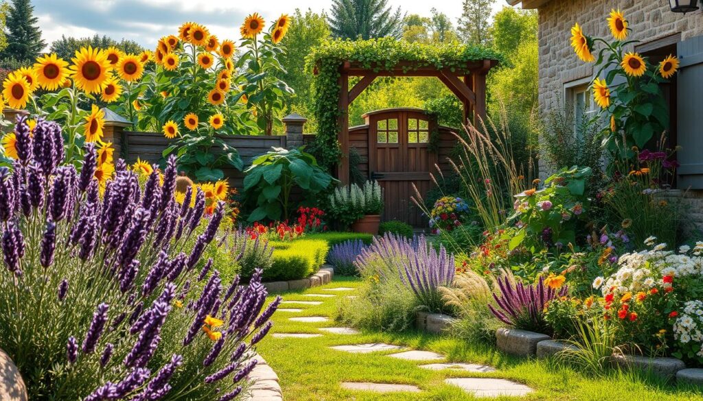 A lush, idyllic rural courtyard filled with a vibrant array of hearty, rustic plants. In the foreground, clusters of fragrant lavender, thyme, and rosemary spill over stone borders. A backdrop of towering sunflowers, towering over a mix of colorful perennials like daylilies, echinacea, and rudbeckia. In the middle ground, a quaint wooden trellis is draped with climbing vines and flowering clematis. Underfoot, a soft carpet of clover and wild grasses. Warm, golden light filters through wispy clouds, casting a welcoming, natural glow over the scene. An idyllic, serene vision of a charming country garden.