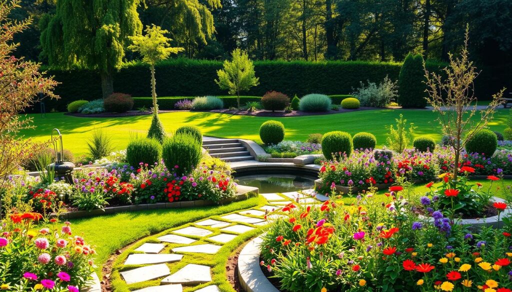 A lush, meticulously designed garden oasis with a harmonious blend of vibrant flora and thoughtful hardscaping. In the foreground, a neatly arranged flower bed showcases a vibrant mix of blooming perennials and annuals, their colors popping against the verdant foliage. Meandering paths of natural stone lead visitors deeper into the scene, passing by a charming water feature that reflects the dappled sunlight. In the middle ground, strategically placed ornamental shrubs and trees provide structure and height, creating a sense of depth and visual interest. The background is framed by a verdant, well-manicured lawn and a backdrop of mature trees, casting a warm, golden glow over the entire composition. The overall atmosphere is one of tranquility, harmony, and a carefully curated approach to garden design.