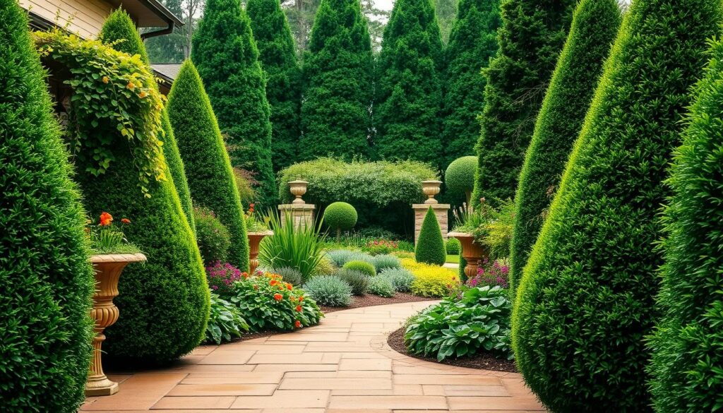 A lush, meticulously landscaped garden entrance featuring a diverse array of evergreen and seasonal plants. In the foreground, neatly trimmed boxwood hedges frame the entryway, their deep green foliage providing a striking contrast to the warm, earthy tones of the stone pathway. Cascading from decorative pots on either side, vibrant trailing vines and flowering annuals add pops of color and texture. The middle ground showcases a mix of hardy perennials, their verdant leaves and delicate blooms swaying gently in the soft, diffused light. Towering evergreen shrubs and trees in the background create a sense of depth and enclosure, lending an air of tranquility and seclusion to the scene. The overall composition exudes a refined, elegant atmosphere, perfectly complementing the stately architecture of the home.