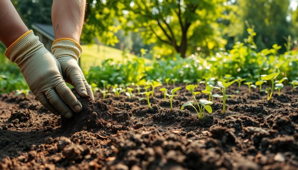 A lush, sun-dappled garden scene showcasing the careful preparation of soil for plant transplanting. In the foreground, a gardener's gloved hands tenderly turn and aerate the rich, dark earth, incorporating organic amendments. The middle ground reveals neatly arranged seedlings and young plants, their roots poised for optimal growth. In the background, a verdant backdrop of thriving vegetation sets the stage for this vital horticultural task. Soft, warm lighting filters through leafy trees, casting a serene, natural atmosphere. The overall composition conveys the importance of thoughtful soil preparation for successful plant transplantation and establishment.