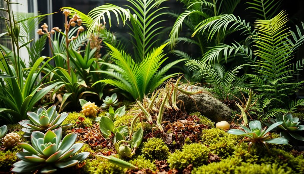 A lush terrarium scene with a variety of plants thriving in natural light. In the foreground, a cluster of slender, segmented stick insects (Phasmatodea) delicately feeding on verdant leaves. The middle ground features a mix of low-growing succulents, mosses, and ferns, creating a diverse and visually striking arrangement. In the background, tall, gracefully arching fronds of tropical plants add depth and a sense of tranquility. The lighting is soft and diffused, casting gentle shadows and highlighting the intricate textures of the foliage. The overall mood is one of harmony and balance, perfectly suited to illustrate the section on plants and feeding for the stick insect terrarium guide.