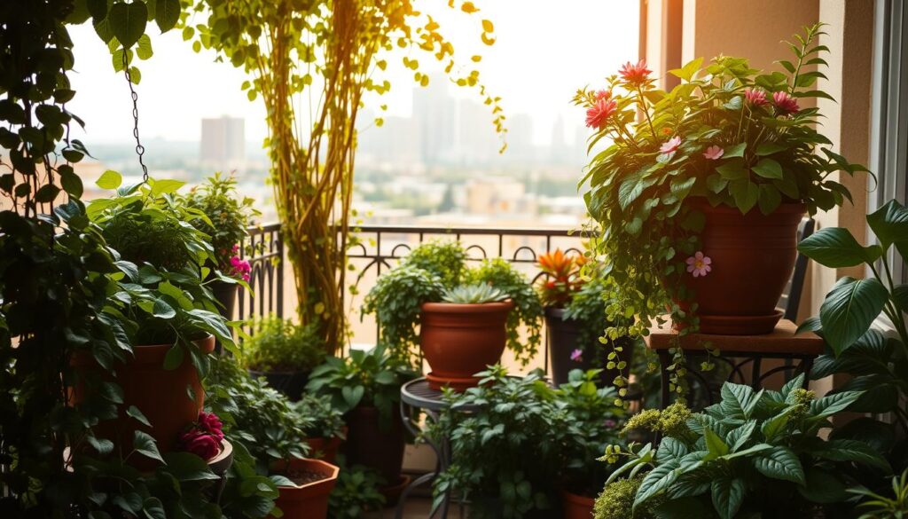 A lush, thriving balcony garden in warm, natural light. In the foreground, an array of potted plants - trailing vines, lush ferns, and vibrant flowering species. The middle ground features a small table with a rustic clay pot, overflowing with cascading greenery. In the background, a wrought-iron railing frames the scene, with the city skyline visible beyond. The overall composition conveys a sense of tranquility and urban oasis, inviting the viewer to imagine themselves in this serene, plant-filled sanctuary. Soft, diffused lighting casts gentle shadows, enhancing the organic textures and lush, verdant palette.