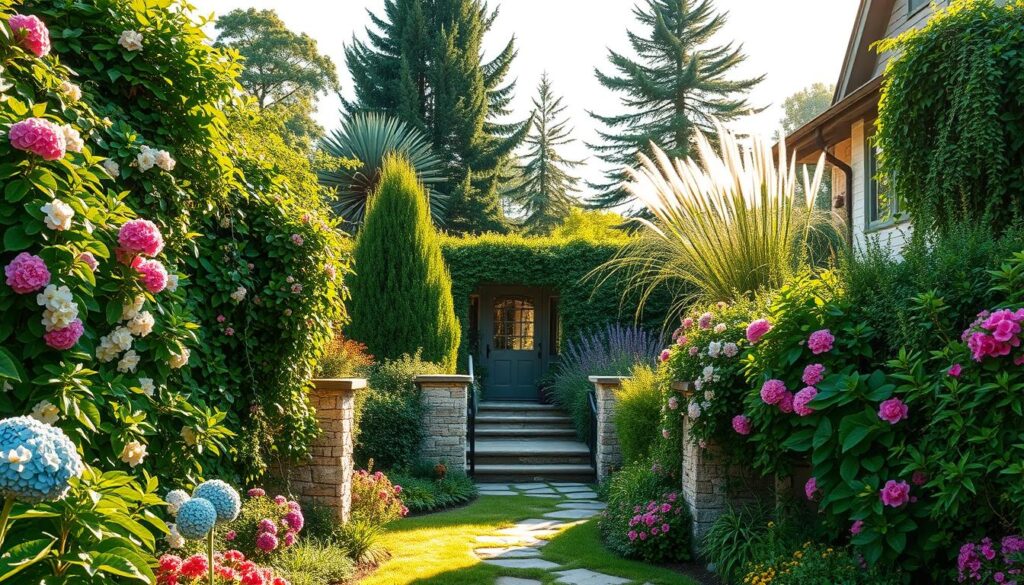 A lush, verdant arrangement of plants surrounding the entrance to a cozy countryside home. In the foreground, a vibrant mix of flowering shrubs, such as hydrangeas and azaleas, create a welcoming palette of colors. Trailing vines and cascading greenery spill over stone walls, framing the path leading to the front door. In the middle ground, towering evergreen trees and ornamental grasses provide a natural backdrop, casting soft, dappled shadows across the scene. The lighting is warm and golden, suggesting a sun-drenched afternoon. The overall composition evokes a sense of harmony and tranquility, inviting the viewer to step inside and experience the carefully curated outdoor space. A lush, verdant arrangement of plants surrounding the entrance to a cozy countryside home. In the foreground, a vibrant mix of flowering shrubs, such as hydrangeas and azaleas, create a welcoming palette of colors. Trailing vines and cascading greenery spill over stone walls, framing the path leading to the front door. In the middle ground, towering evergreen trees and ornamental grasses provide a natural backdrop, casting soft, dappled shadows across the scene. The lighting is warm and golden, suggesting a sun-drenched afternoon. The overall composition evokes a sense of harmony and tranquility, inviting the viewer to step inside and experience the carefully curated outdoor space.