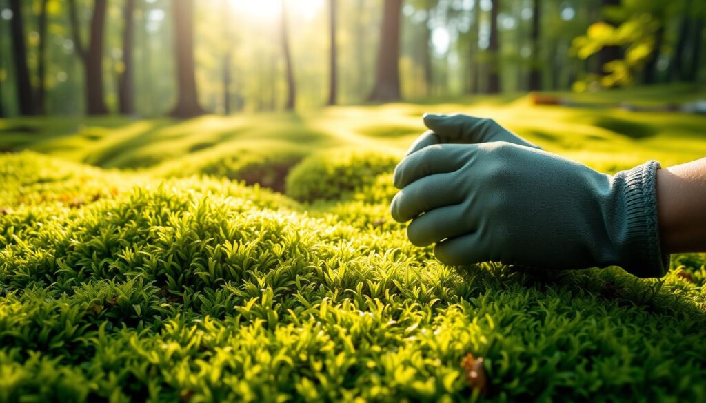 A lush, verdant carpet of emerald moss covers the forest floor, its delicate fronds gently swaying in the soft breeze. Dappled sunlight filters through the canopy above, casting a warm, golden glow across the scene. The moss appears healthy and vibrant, its surface evenly textured and free of blemishes. In the foreground, a gardener's gloved hands tenderly prune away any dead or discolored patches, ensuring the moss maintains its pristine, velvety appearance. The overall atmosphere is one of tranquility and careful, attentive nurturing, befitting the serene and delicate nature of this fragile, yet resilient, groundcover.