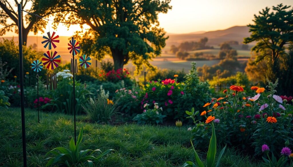 A lush, verdant garden at golden hour, with a focus on a well-designed, humane mole deterrent system. In the foreground, a series of vibrant, colorful wind spinners and chimes sway gently, their movement and sound creating a peaceful, yet effective barrier against burrowing moles. In the middle ground, an array of plants and flowers thrive, uninterrupted by mole tunnels, their vibrant colors and textures complementing the naturalistic setting. The background features a picturesque landscape, with rolling hills, mature trees, and a warm, softly-lit sky that sets a calming, serene mood. The overall composition conveys a sense of balance, harmony, and a respect for the natural environment, reflecting the section's focus on humane and legal mole deterrence methods.
