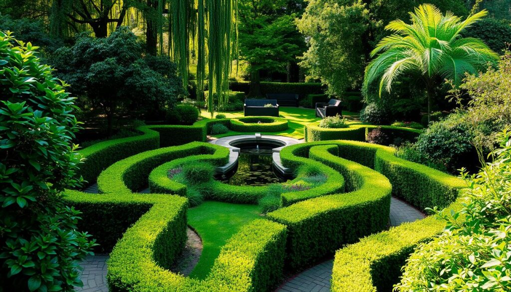 A lush, verdant garden divided into distinct zones, creating a sense of depth and intrigue. In the foreground, neatly trimmed hedges and winding pathways guide the eye, inviting exploration. The middle ground features a tranquil water feature, its gentle ripples reflecting the vibrant foliage surrounding it. Towards the back, a secluded seating area is nestled amid towering trees, casting a warm, dappled light across the scene. The layout, meticulously planned, offers a harmonious balance of open spaces and intimate alcoves, enhancing the perception of a larger, more expansive garden. The overall atmosphere is one of serene contemplation, where the boundaries blur, and the garden appears to extend beyond its physical limits.