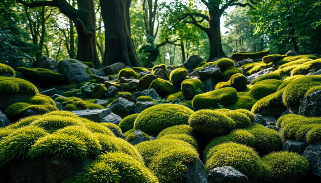 A lush, verdant garden featuring a diverse array of moss species, meticulously arranged to create a serene and enchanting atmosphere. In the foreground, a variety of mosses, including cushion moss, hypnum moss, and fern moss, cascade over a series of natural stone formations, their soft, velvety textures contrasting with the rugged surfaces. The middle ground showcases a harmonious mix of moss-covered rocks, logs, and boulders, creating a natural, organic landscape. In the background, towering trees with dappled sunlight filtering through their canopies, casting a warm, gentle glow over the scene. The overall composition exudes a sense of tranquility and a deep connection to the natural world, inviting the viewer to immerse themselves in the serene and rejuvenating atmosphere of the moss-adorned garden.