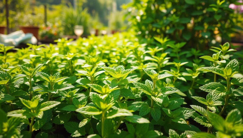 A lush, verdant garden filled with an abundance of mint plants, their vibrant green leaves gently swaying in the soft, warm breeze. The foreground showcases the delicate, serrated edges of the mint leaves, capturing the intricate details that make this aromatic herb so distinctive. In the middle ground, the plants are shown in various stages of growth, from tender new sprouts to full, mature foliage, highlighting the care and attention required for their optimal development. The background features a tranquil, sun-dappled setting, with hints of other complementary garden elements that create a harmonious, naturalistic scene. Soft, diffused lighting illuminates the scene, evoking a sense of serenity and the essence of proper mint care and cultivation.