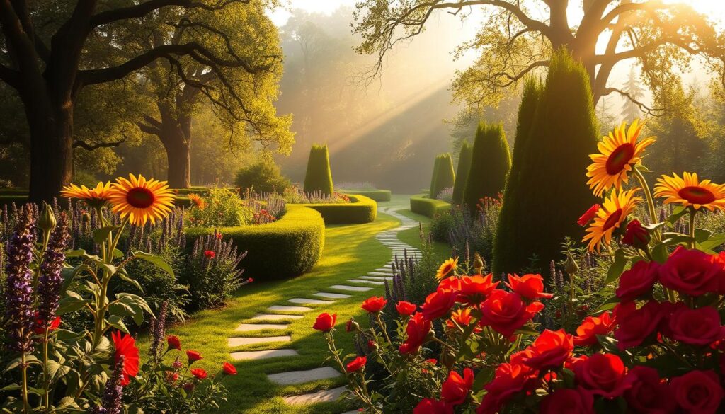 A lush, verdant garden in full bloom, bathed in warm, golden sunlight. The foreground is a riot of vibrant colors - crimson roses, lavender, and vibrant sunflowers swaying gently in a soft breeze. In the middle ground, a winding stone path leads deeper into the garden, flanked by towering hedges and flowering shrubs. The background is a hazy, dreamlike forest, with dappled light filtering through the canopy of ancient trees. The overall atmosphere is one of tranquility, mystery, and the beauty of nature in its prime. A lush, verdant garden in full bloom, bathed in warm, golden sunlight. The foreground is a riot of vibrant colors - crimson roses, lavender, and vibrant sunflowers swaying gently in a soft breeze. In the middle ground, a winding stone path leads deeper into the garden, flanked by towering hedges and flowering shrubs. The background is a hazy, dreamlike forest, with dappled light filtering through the canopy of ancient trees. The overall atmosphere is one of tranquility, mystery, and the beauty of nature in its prime.