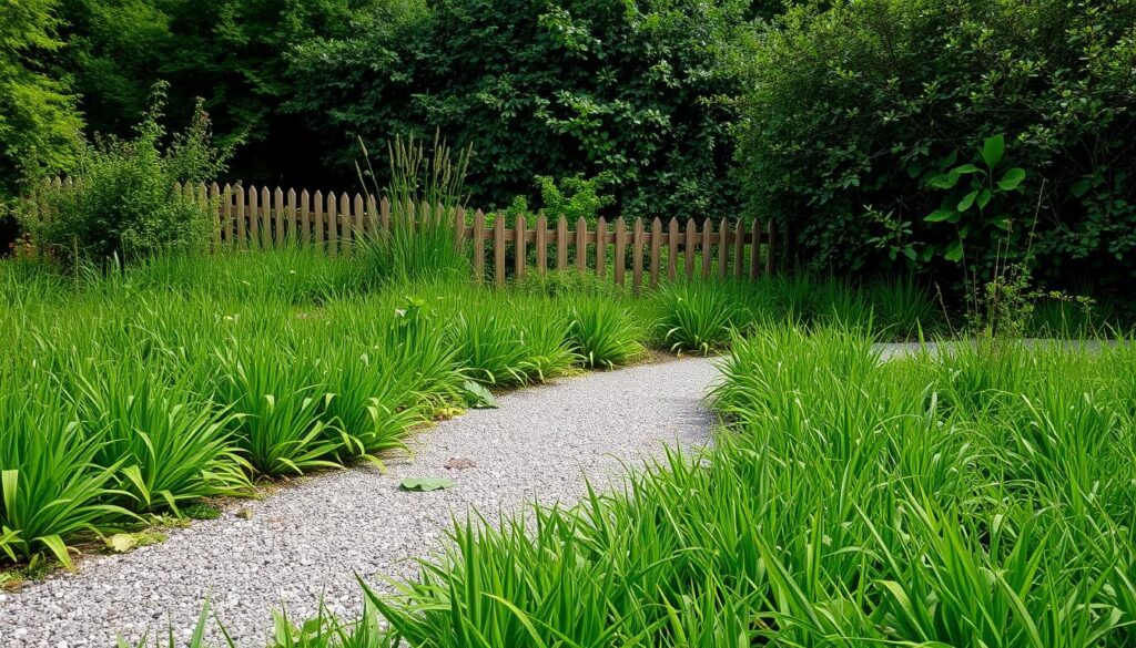 A lush, verdant garden scene, showcasing a variety of physical barriers designed to deter the migration of ticks. In the foreground, a carefully laid gravel path winds through the undergrowth, acting as a deterrent to the small arachnids. Surrounding the path, a dense perimeter of tall, thick grass and plants creates a natural obstacle, discouraging ticks from crossing into the protected space. In the middle ground, a low, wooden fence line runs along the edge of the garden, its narrow slats and sharp edges posing an additional physical challenge for the ticks. In the background, a dense thicket of shrubs and bushes, their tangled branches and leaves forming an impenetrable barrier, further securing the boundaries of the safe, tick-free environment. The scene is illuminated by soft, diffused natural light, creating a serene and tranquil atmosphere, conveying a sense of harmony between the natural and practical elements designed to mitigate the presence of these unwanted pests.
