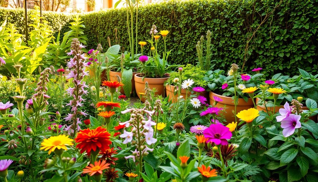 A lush, verdant garden scene showcasing an array of vibrant, well-suited plants for a small outdoor space. In the foreground, a diverse assortment of flourishing perennials and annuals, their colors and textures complementing each other - from delicate, nodding blooms to robust, sculptural foliage. In the middle ground, a mix of low-growing ground covers and cascading vines spilling over the edges of raised planters, creating a layered, natural aesthetic. The background features a neatly trimmed hedge or shrubs, framing the scene and providing a sense of enclosure. Warm, diffused sunlight filters through the leaves, casting gentle shadows and highlighting the garden's inviting, serene atmosphere.