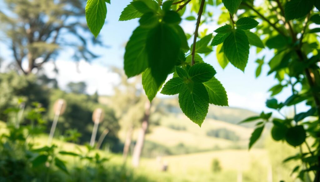 A lush, verdant garden scene showcasing the bountiful benefits of growing mint. In the foreground, several sprigs of vibrant green mint leaves sway gently in a soft breeze, their fragrant aroma permeating the air. The middle ground reveals a thriving mint plant, its stems reaching upwards and leaves unfurling in the warm, natural light. In the background, a serene pastoral landscape unfolds, with rolling hills, towering trees, and a clear blue sky overhead. The lighting is soft and diffused, casting a warm, inviting glow over the entire scene. This image conveys the health and ecological advantages of cultivating mint in the garden, from its refreshing properties to its role in supporting a balanced, sustainable ecosystem.