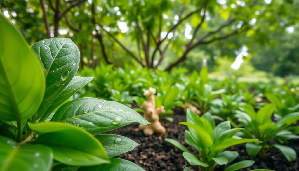 A lush, verdant garden scene, showcasing the careful cultivation of ginger. In the foreground, a close-up view of vibrant green ginger leaves, their surfaces glistening with morning dew. The middle ground reveals the thick, knobby ginger rhizomes emerging from the rich, dark soil, surrounded by delicate white flowers. In the background, a soft, diffused light filters through a canopy of leafy trees, creating a serene, naturalistic atmosphere. The image conveys the diligent care and attention required to nurture this flavorful, aromatic plant, with a focus on the essential aspects of ginger cultivation: watering, soil aeration, and fertilization. A lush, verdant garden scene, showcasing the careful cultivation of ginger. In the foreground, a close-up view of vibrant green ginger leaves, their surfaces glistening with morning dew. The middle ground reveals the thick, knobby ginger rhizomes emerging from the rich, dark soil, surrounded by delicate white flowers. In the background, a soft, diffused light filters through a canopy of leafy trees, creating a serene, naturalistic atmosphere. The image conveys the diligent care and attention required to nurture this flavorful, aromatic plant, with a focus on the essential aspects of ginger cultivation: watering, soil aeration, and fertilization.