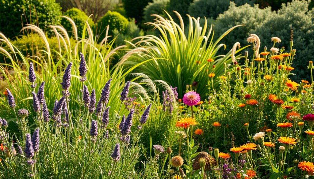 A lush, verdant garden scene with an abundance of natural plants known to repel voles and moles. In the foreground, a cluster of fragrant herbs like lavender, rosemary, and sage sway gently in a soft breeze. The middle ground features tall, swaying grasses and vibrant wildflowers like marigolds and chrysanthemums. In the background, a mix of shrubs and small trees create a sense of depth and enclosure, casting warm, natural shadows across the scene. The lighting is soft and diffused, creating a calming, serene atmosphere that evokes the peaceful coexistence of plants and nature. The overall composition emphasizes the harmonious integration of these naturally repellent plants within a thriving, balanced garden landscape.