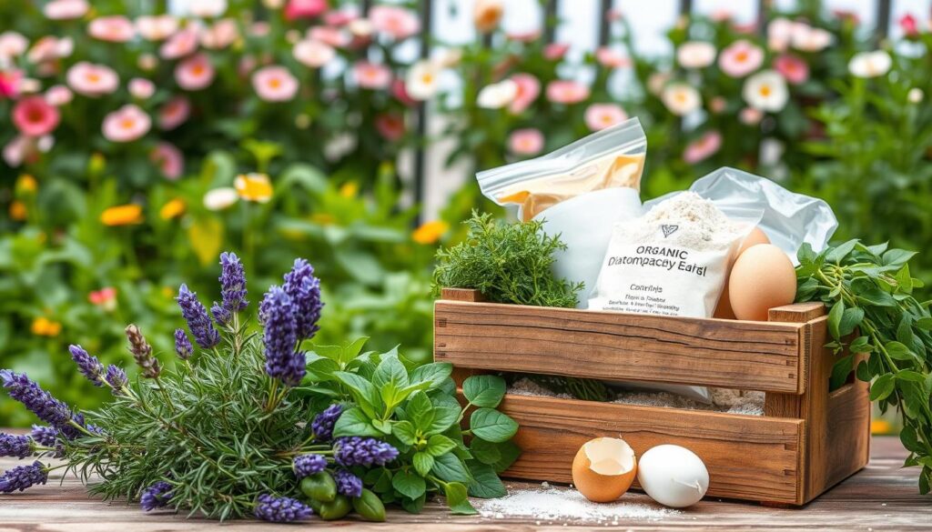 A lush, verdant garden scene with various natural pest control solutions prominently displayed. In the foreground, a collection of fresh herbs, such as lavender, rosemary, and thyme, arranged neatly. In the middle ground, a rustic wooden crate overflows with diatomaceous earth, crushed eggshells, and other powdery, organic repellents. The background features a row of flowering plants, their petals gently swaying in the soft, diffused light of an overcast day. The overall composition conveys a sense of harmony and eco-friendly pest management, reflecting the article's focus on natural, environmentally-conscious solutions. A lush, verdant garden scene with various natural pest control solutions prominently displayed. In the foreground, a collection of fresh herbs, such as lavender, rosemary, and thyme, arranged neatly. In the middle ground, a rustic wooden crate overflows with diatomaceous earth, crushed eggshells, and other powdery, organic repellents. The background features a row of flowering plants, their petals gently swaying in the soft, diffused light of an overcast day. The overall composition conveys a sense of harmony and eco-friendly pest management, reflecting the article's focus on natural, environmentally-conscious solutions.