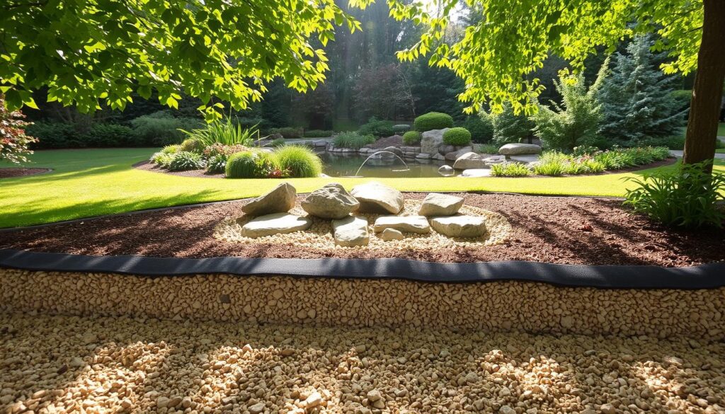 A lush, verdant garden setting, with a focus on the preparation of the ground for decorative stone elements. In the foreground, layers of gravel, crushed stone, and geotextile fabric create a well-drained foundation. Sunlight filters through the leaves of surrounding trees, casting a warm, natural glow. The middle ground features an arrangement of various-sized fieldstones, their natural textures and shapes standing out against the carefully curated underlay. In the background, a tranquil pond or small water feature adds a soothing element, complementing the earthy tones and organic materials. The overall scene conveys a sense of thoughtful design and a harmonious integration of natural and man-made elements. A lush, verdant garden setting, with a focus on the preparation of the ground for decorative stone elements. In the foreground, layers of gravel, crushed stone, and geotextile fabric create a well-drained foundation. Sunlight filters through the leaves of surrounding trees, casting a warm, natural glow. The middle ground features an arrangement of various-sized fieldstones, their natural textures and shapes standing out against the carefully curated underlay. In the background, a tranquil pond or small water feature adds a soothing element, complementing the earthy tones and organic materials. The overall scene conveys a sense of thoughtful design and a harmonious integration of natural and man-made elements.