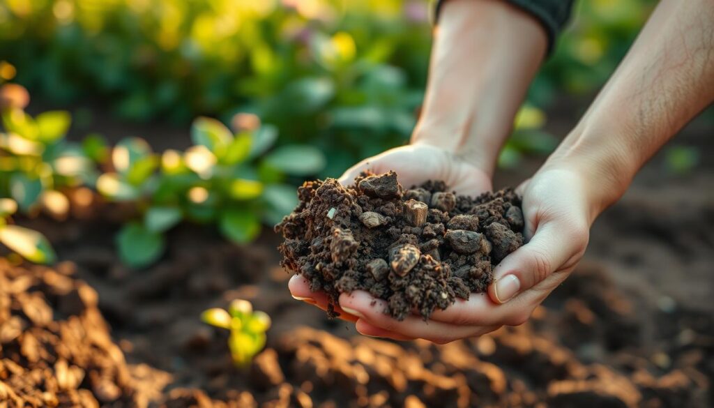 A lush, verdant garden with a close-up view of a handful of freshly dug soil being examined. Warm, soft lighting illuminates the scene, casting gentle shadows that highlight the rich, loamy texture of the earth. In the foreground, a pair of experienced hands gently sift through the soil, carefully inspecting its color, consistency, and composition. The background blurs softly, drawing the viewer's attention to the meticulous inspection taking place. The overall mood is one of thoughtful consideration, as the gardener evaluates the quality of the soil to ensure the health and vitality of their future plants.