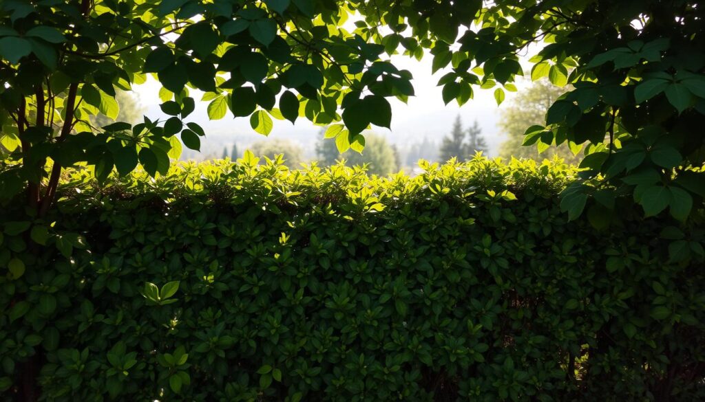 A lush, verdant hedge of deciduous shrubs and trees, their broad leaves casting dappled shadows across a tranquil garden. Vibrant greens in the foreground give way to a layered middle ground of textured foliage, leading the eye to a softly blurred background of gentle hills and a hazy sky. Warm, natural lighting filters through the leaves, creating a serene and intimate atmosphere. The hedge stands as a living privacy screen, its seasonal changes adding visual interest and a sense of shelter from prying eyes. Capture the beauty and functionality of this sustainable, nature-based boundary solution.