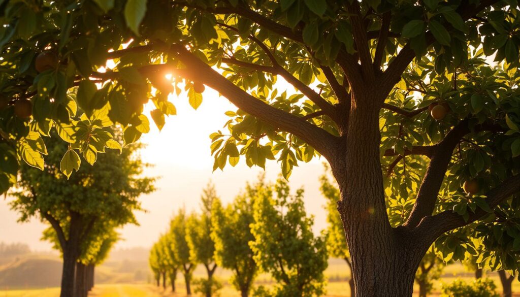 A lush, verdant orchard scene, bathed in warm, golden afternoon light. In the foreground, a skilled gardener carefully shapes and prunes the branches of a mature fruit tree, meticulously crafting its crown to optimize sunlight exposure and airflow. The tree's textured bark and vibrant green foliage create a sense of tactile depth. In the middle ground, additional fruit trees stand tall, their canopies forming a harmonious, undulating rhythm. The background features a hazy, idyllic landscape, with rolling hills and a distant, hazy horizon. The overall mood is one of tranquility, balance, and the gentle art of horticultural stewardship.