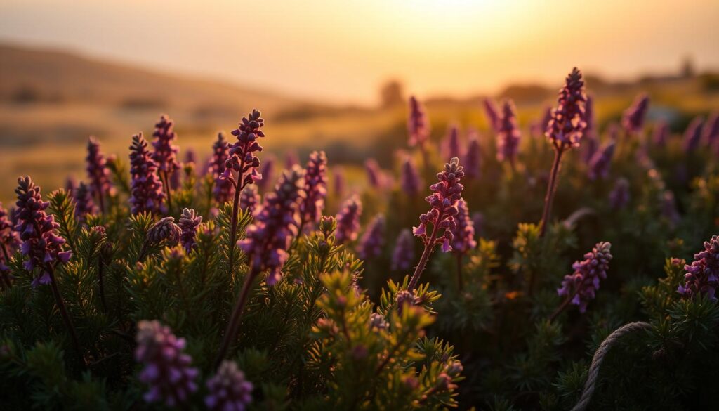 A lush, vibrant garden bed of thriving heather plants in full bloom, their delicate purple flowers swaying gently in the soft, warm light of a golden hour sunset. The foreground features several healthy heather specimens, their needle-like foliage and flowers captured in vivid detail. The middle ground shows a wider expanse of the heather bed, with the plants arranged in an organic, natural pattern. The background subtly blurs into a hazy, atmospheric landscape, creating a sense of depth and tranquility. The lighting is soft and diffused, casting a warm, glowing ambiance over the scene. The overall composition evokes a serene, picturesque representation of carefully tended heather plants.